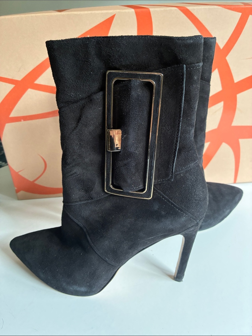Via Spiga Women's Black Suede Pointed Toe Stiletto Ankle Boots with Buckle